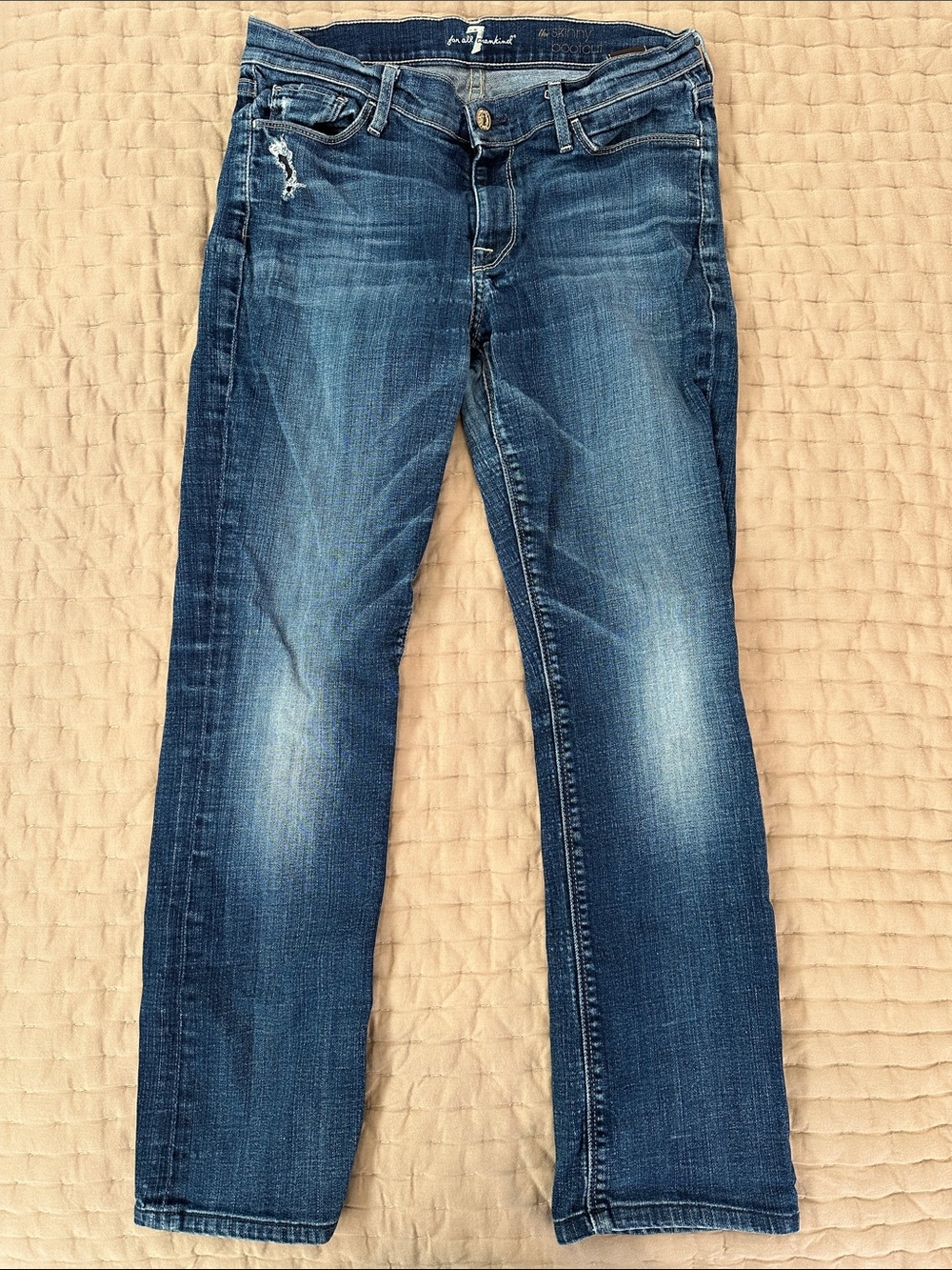 7 For All Mankind Blue Distressed Straight-Leg Jeans